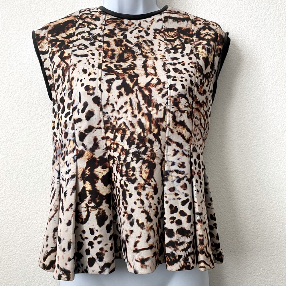 Zara, Leopard Print, Peplum, Faux Leather Trim, Sleeveless Top